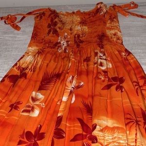 orange flower long Hawaiian dress